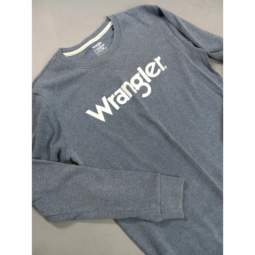 Wrangler Mens Long Sleeve Premium Fit Tee Blue Cotton Logo Shirt Large